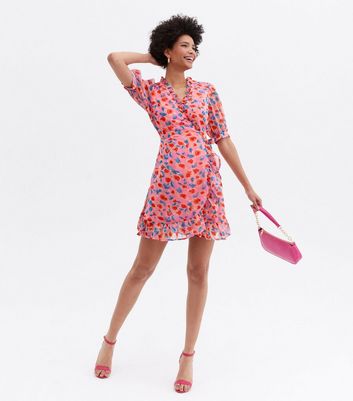 Pink Floral Chiffon Frill Mini Wrap Dress | New Look